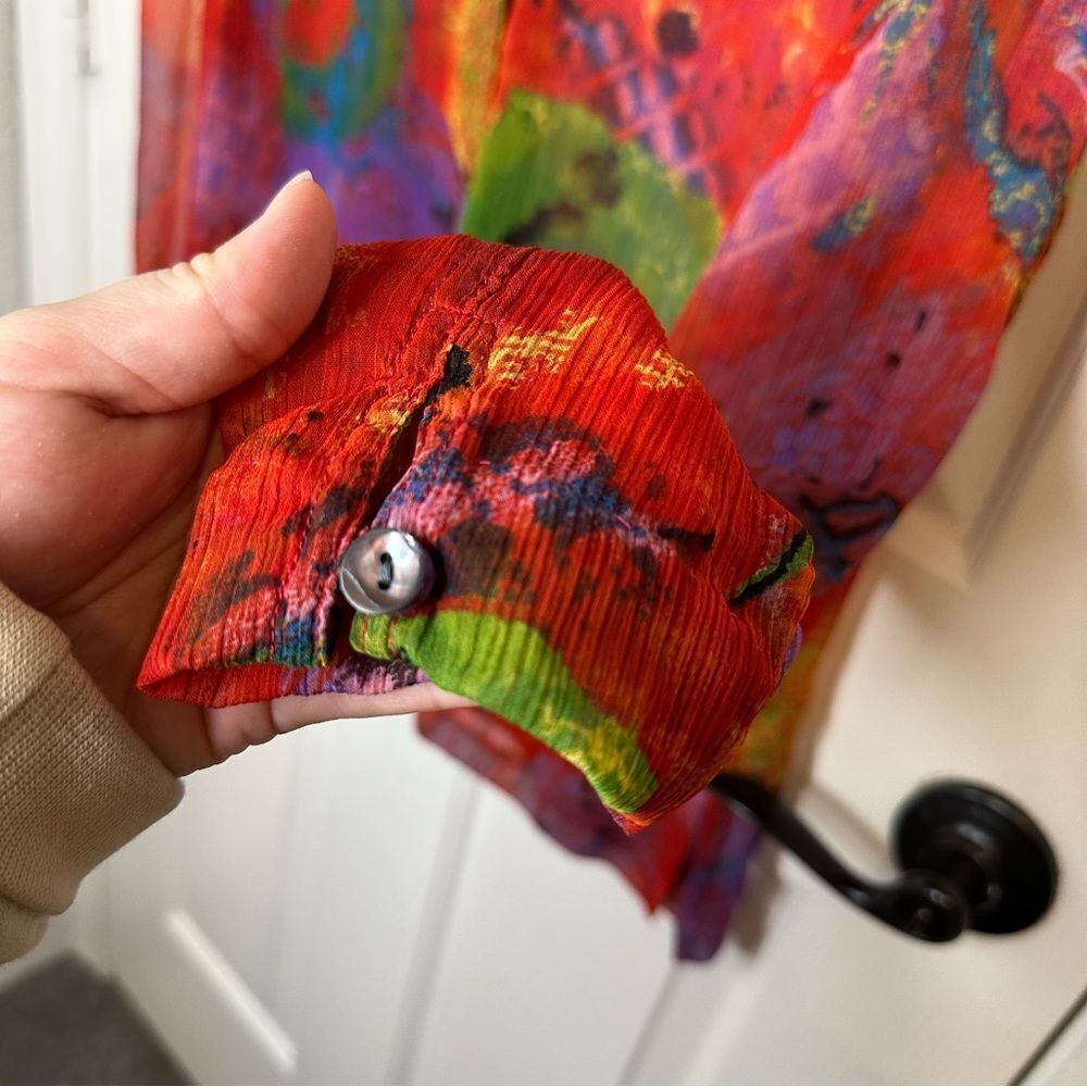 VTG Notations By Chico’s Red Multicolor Oriental Print Button Down Sz 1 / M Boho - Picture 6 of 7